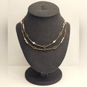 Purple and Tan Beaded Bronzetone Choker Necklace